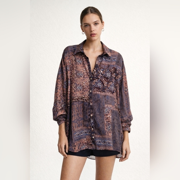 Zara Tops - Zara Patchwork Paisley Print Shirt Oversized Bohemian-inspired Lightweight Sheer